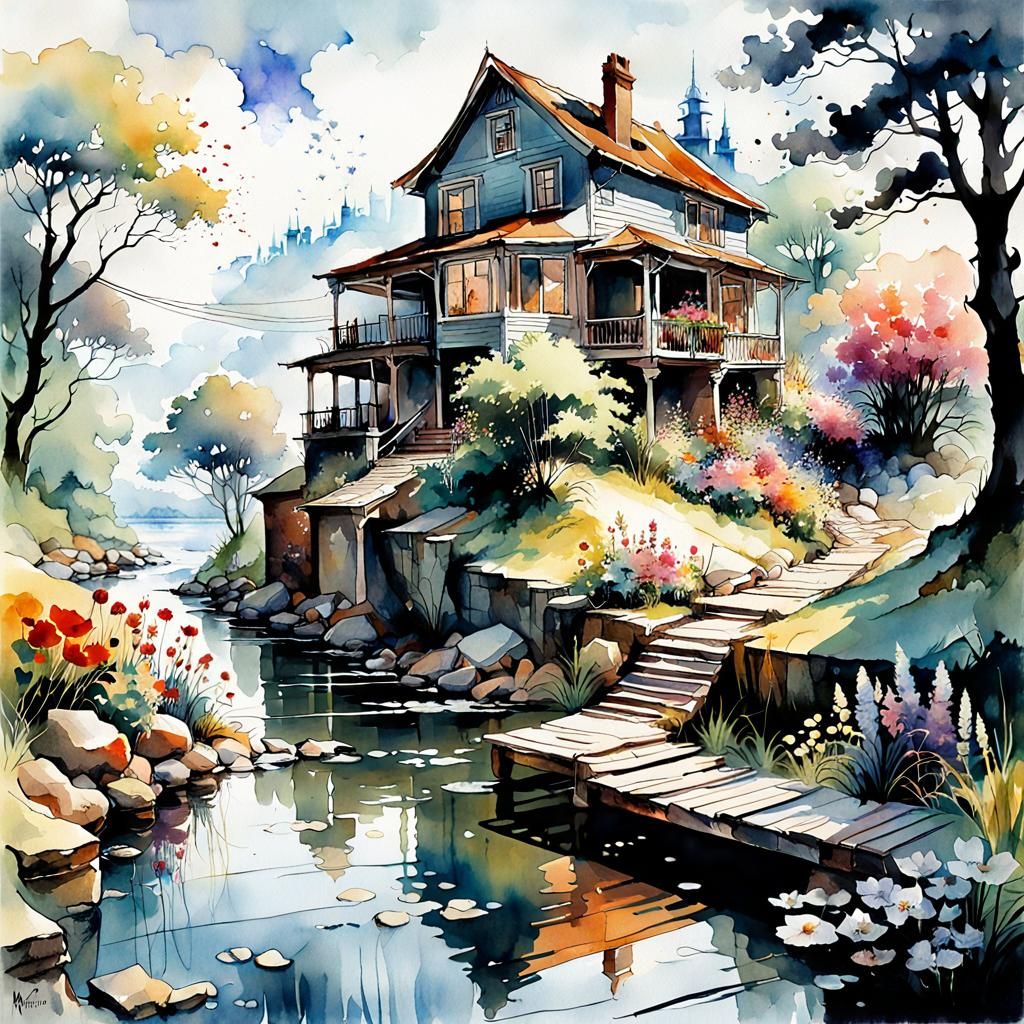 Watercolor River House with Bioluminescent Japanese Art