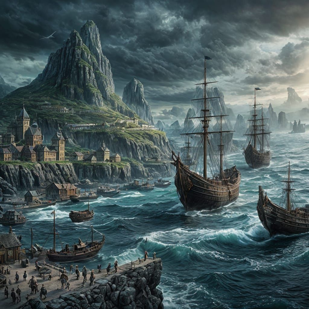 Dark Fantasy Viking Trading Port City on the Sea