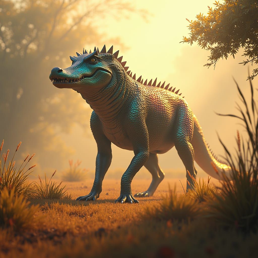 Majestic Crocodile-Dog Hybrid in Golden Savannah