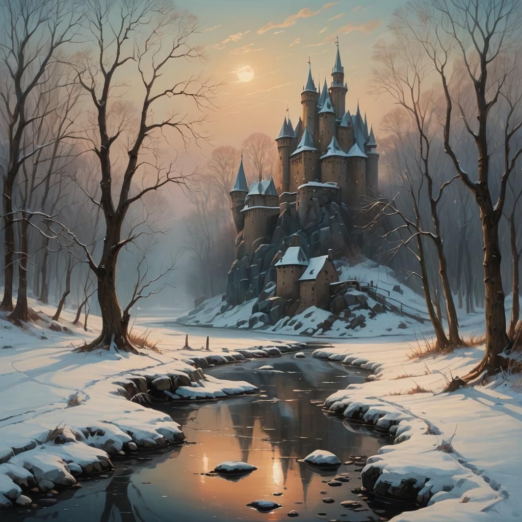 Legendary medieval haunted castle with a small frozen stream...