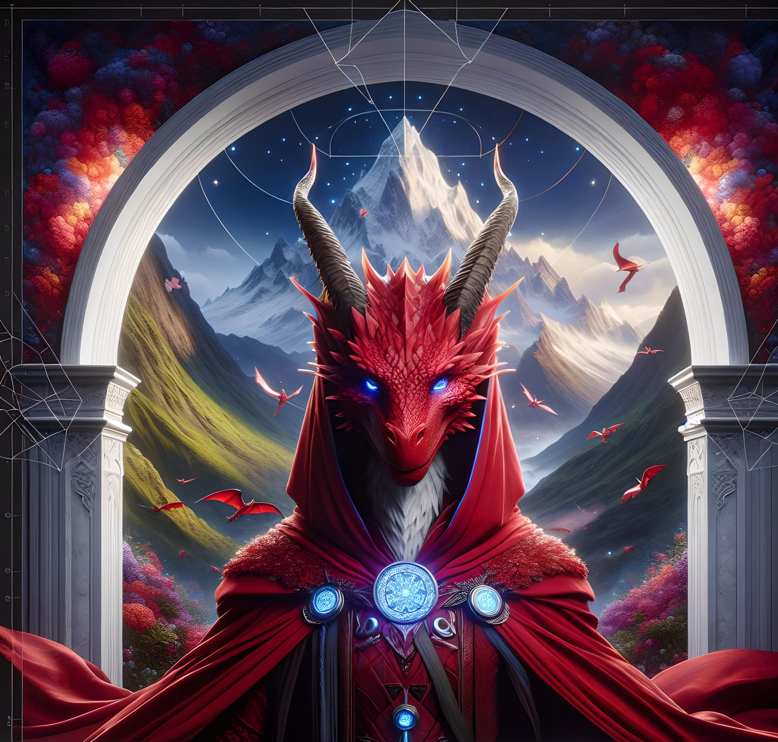 Dragonborn Sorcerer Portrait with Mountain View