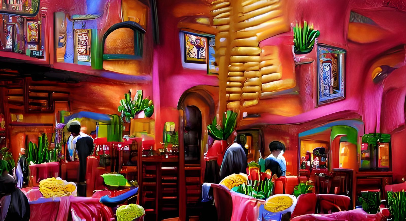 Colorful Mexican Restaurant Interior as Acrylic Painting