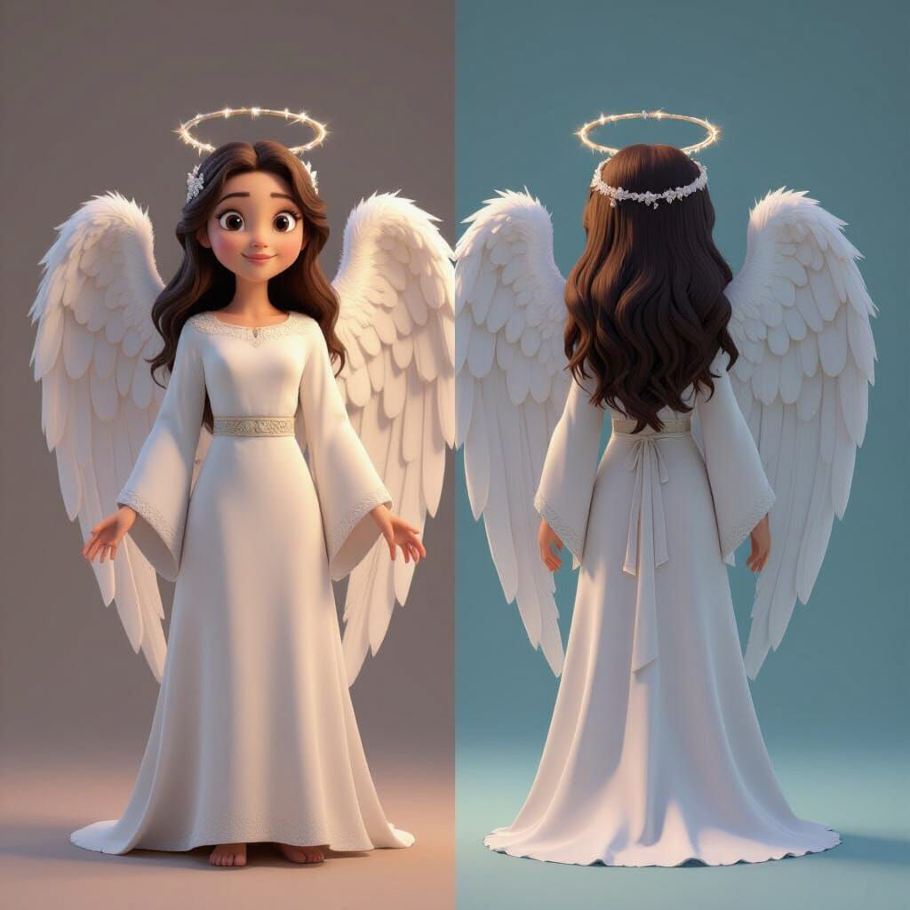 Cute Angel Viewed Front and Back in Pixar Style