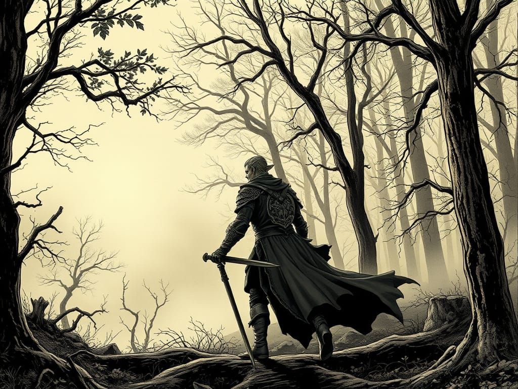 Elven Rogue in Foggy Forest, Sepia Ink Drawing