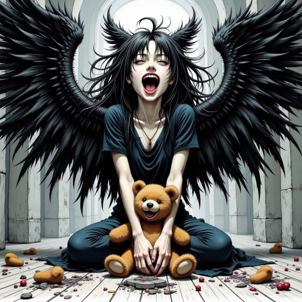 Dark Angel Laughing Manically with Teddy Bear