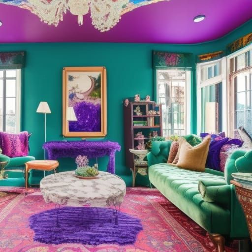 Eccentric whimsical living room with purple walls with cobalt blue accents& whimsical windows with Emerald green curtain...
