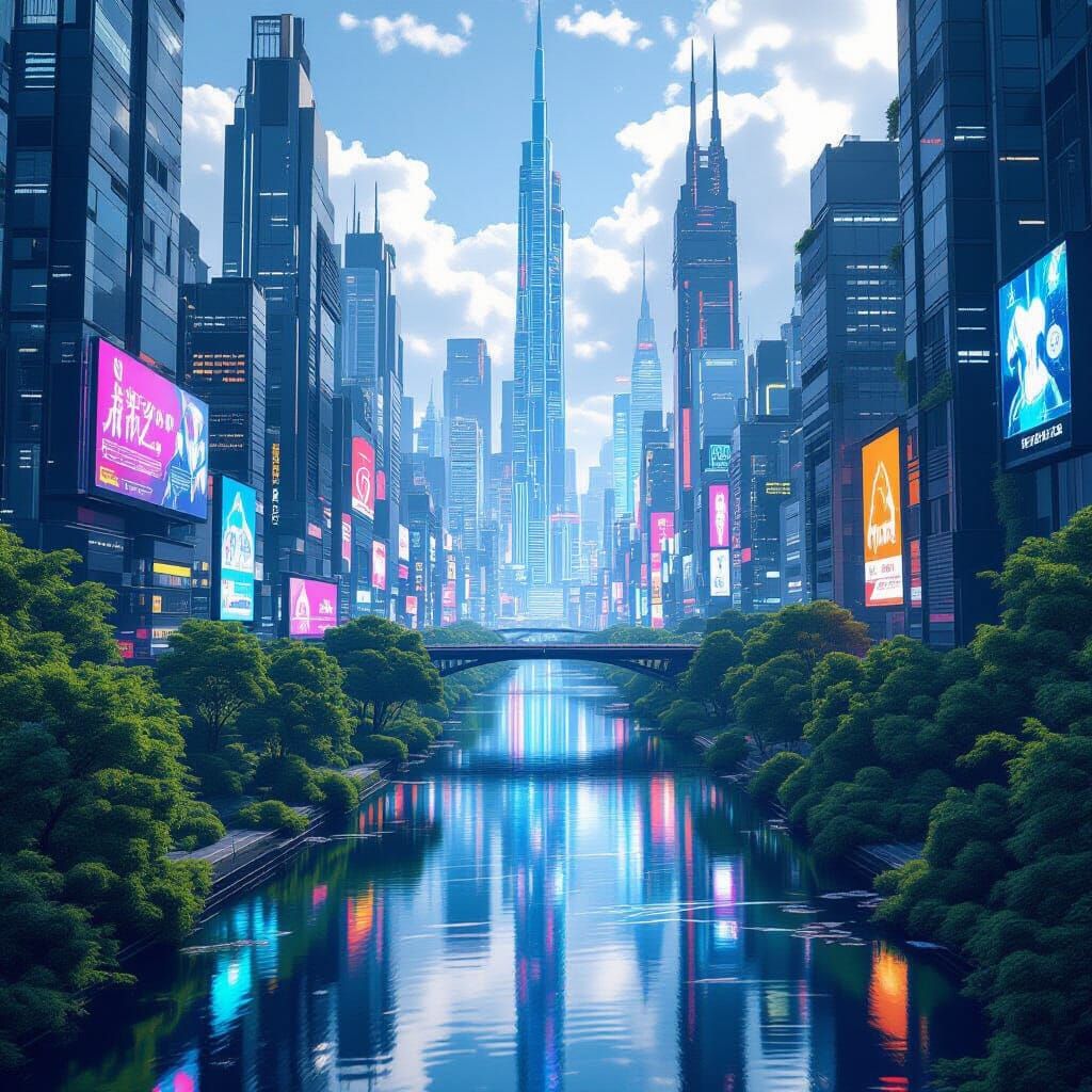 Futuristic Cityscape: Skyscrapers and Forests in Anime Style