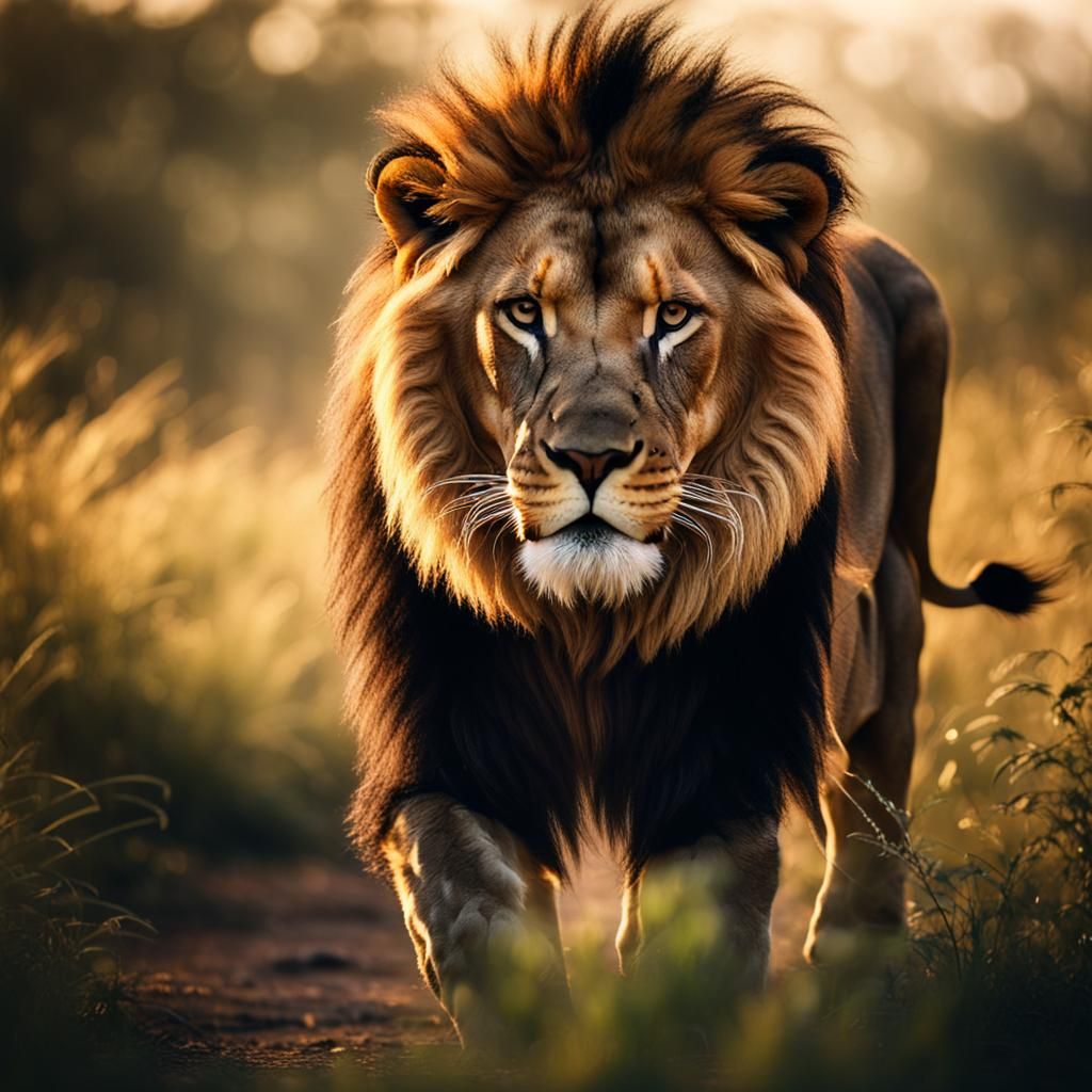 Awe-inspiring image of a lion walking alone in the African jungle