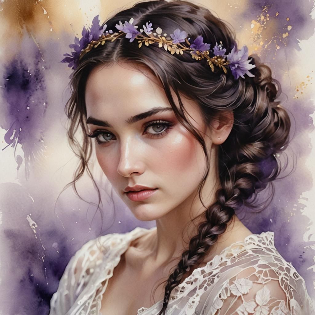 Brunette with Braided Crown in Watercolor Style