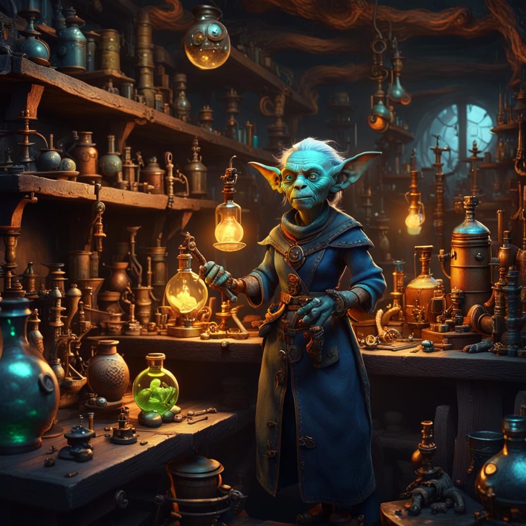 Female Goblin Alchemist in Fantasy Laboratory