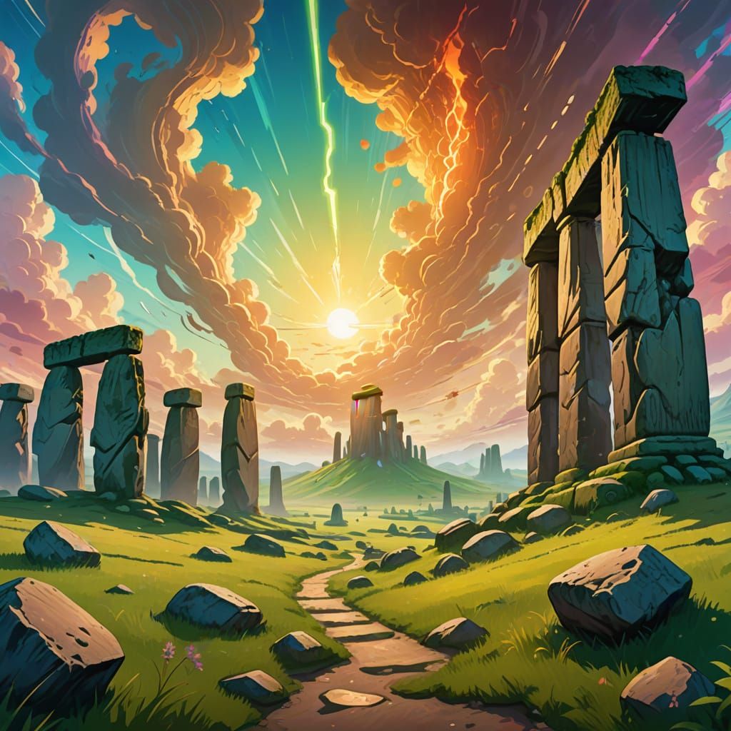 Majestic Stonehenge at Sunset in a Vibrant Visual Novel CG