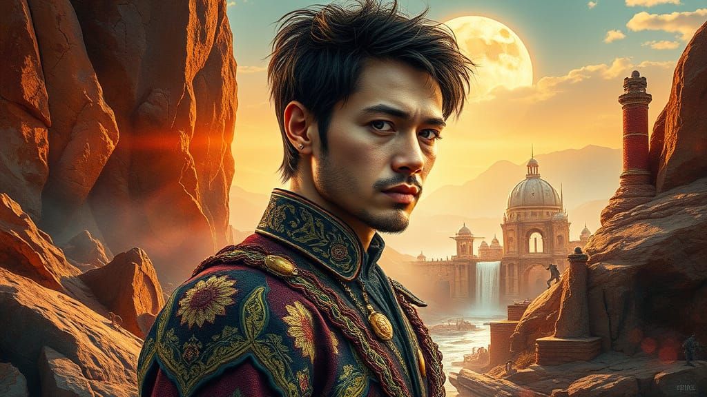 Ethereal Figure in Steampunk Landscape