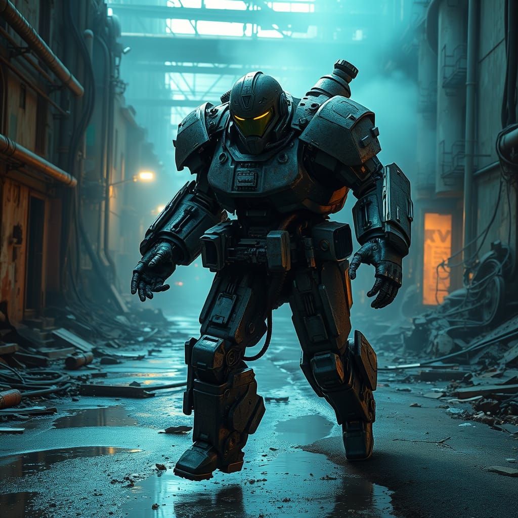 Cyborg Soldier Charges into Battle in Gritty Futuristic Land...