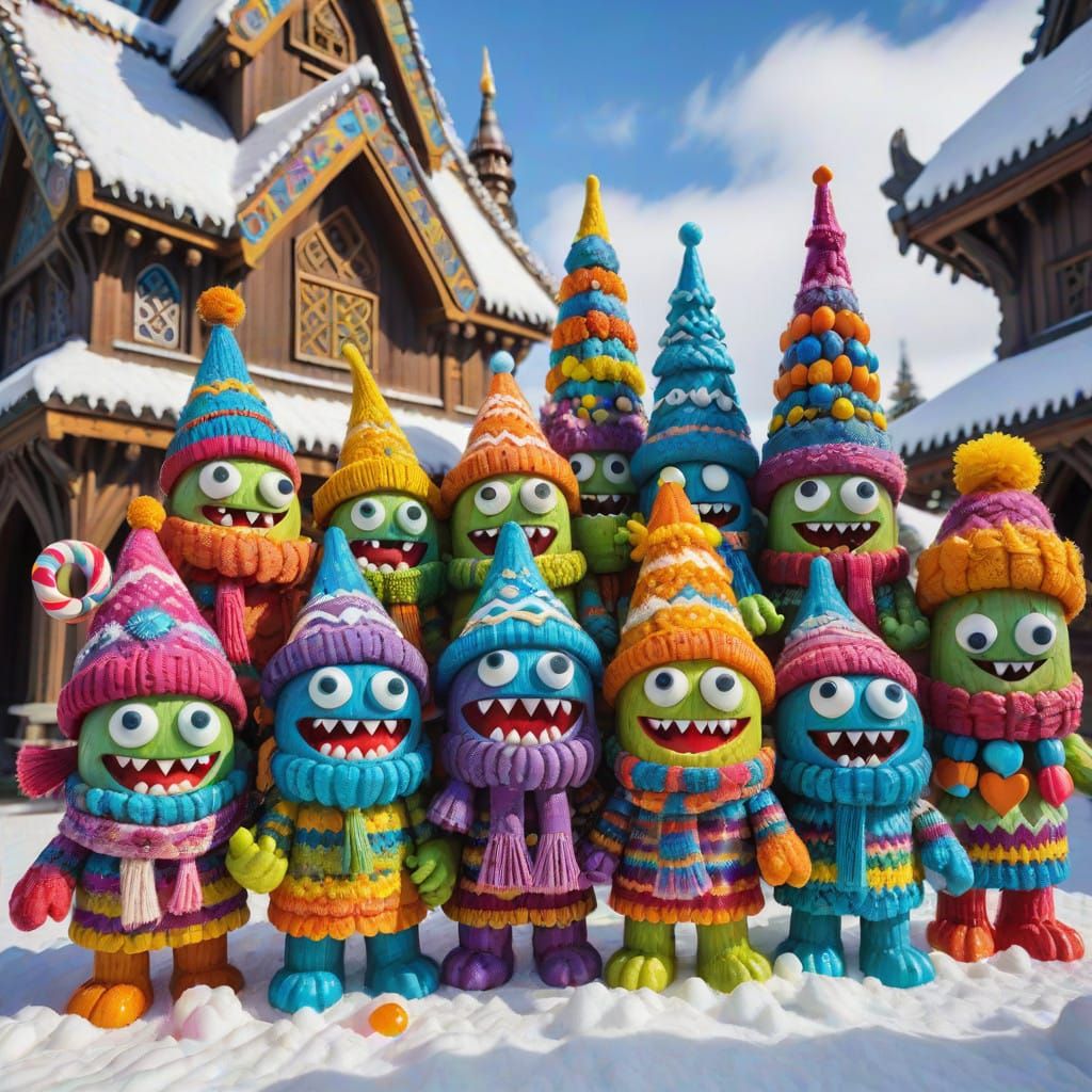 Candy Monsters Gather Outside a Snowy Stave Church
