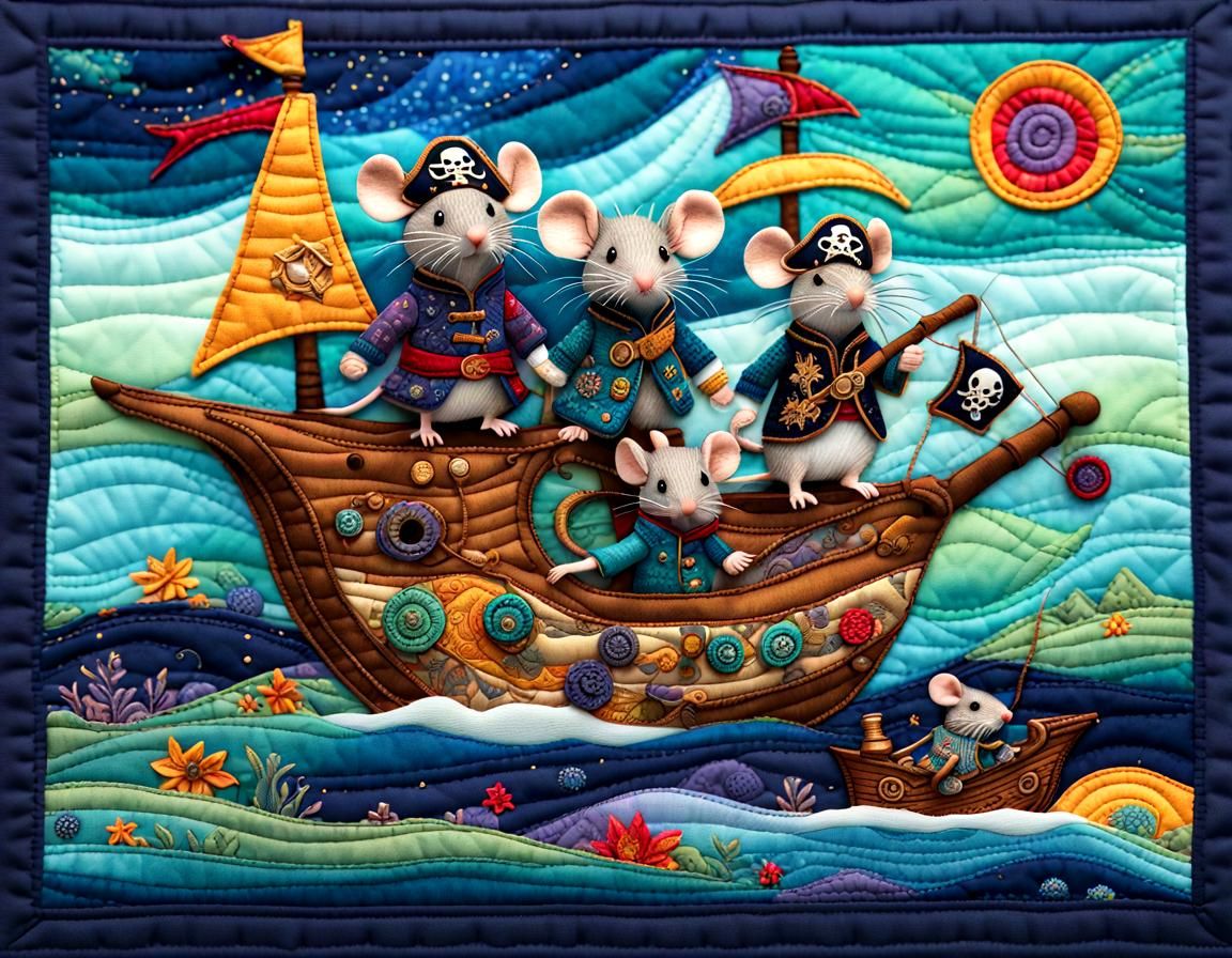 Quilted Explorer Mice Pirates Sailing the Seas