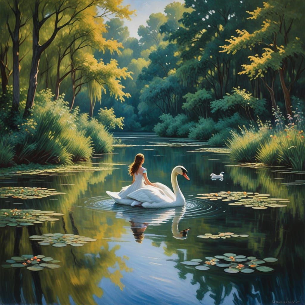 Impressionist Swan Ride in Serene Nature