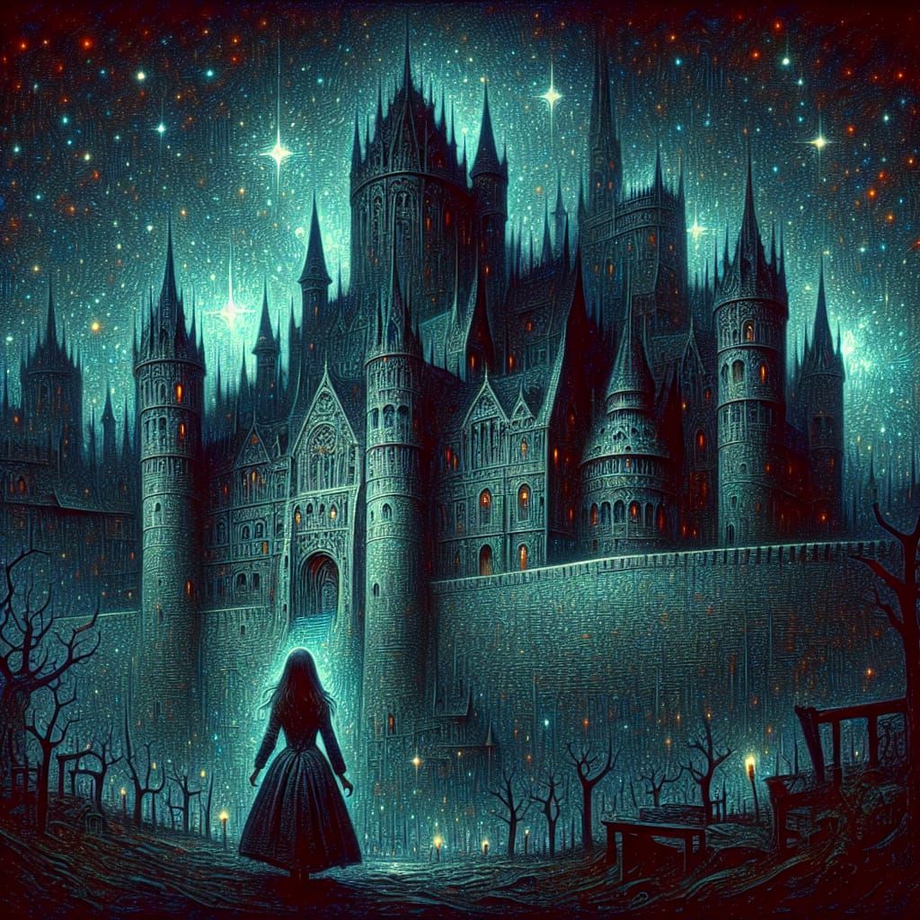 Eerie Castle Under Starry Night, Dark Fantasy Digital Art