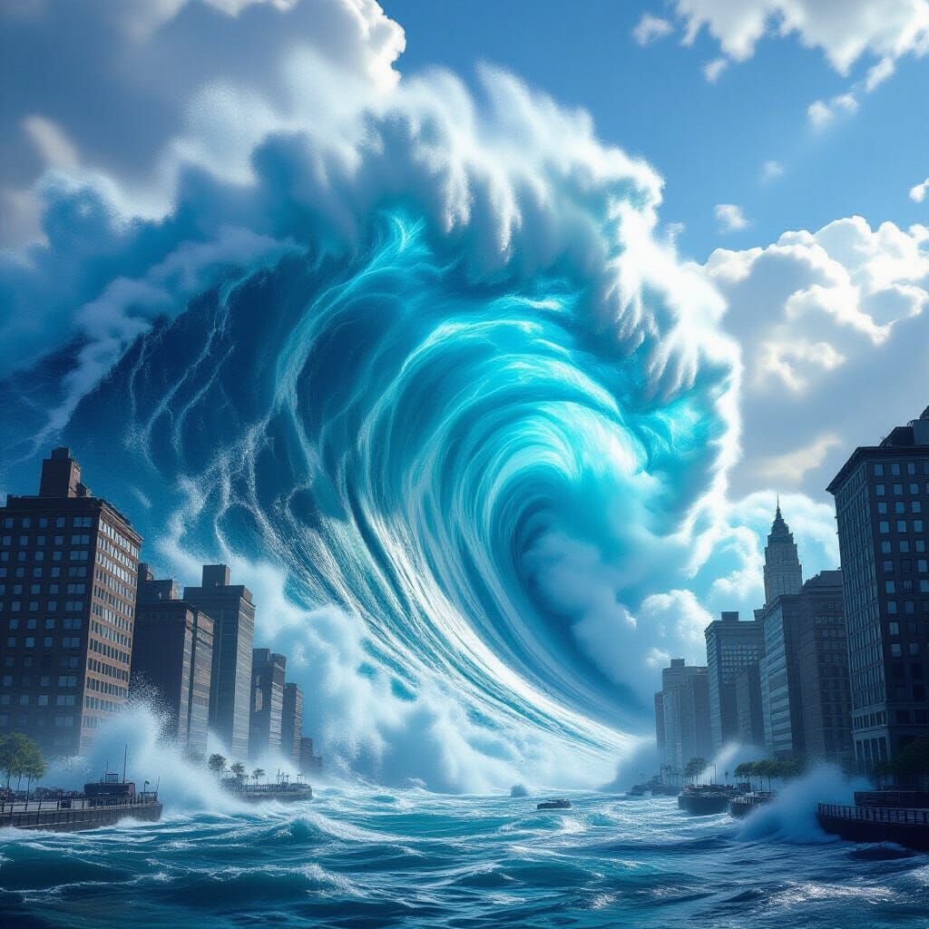 Giant Wave Crushes City in Dramatic Digital Matte Painting