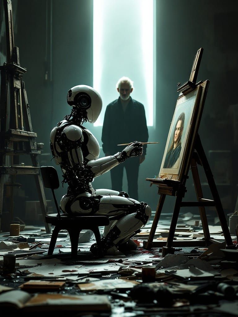 Robot Artist Completes Oil Portrait in Dim Studio