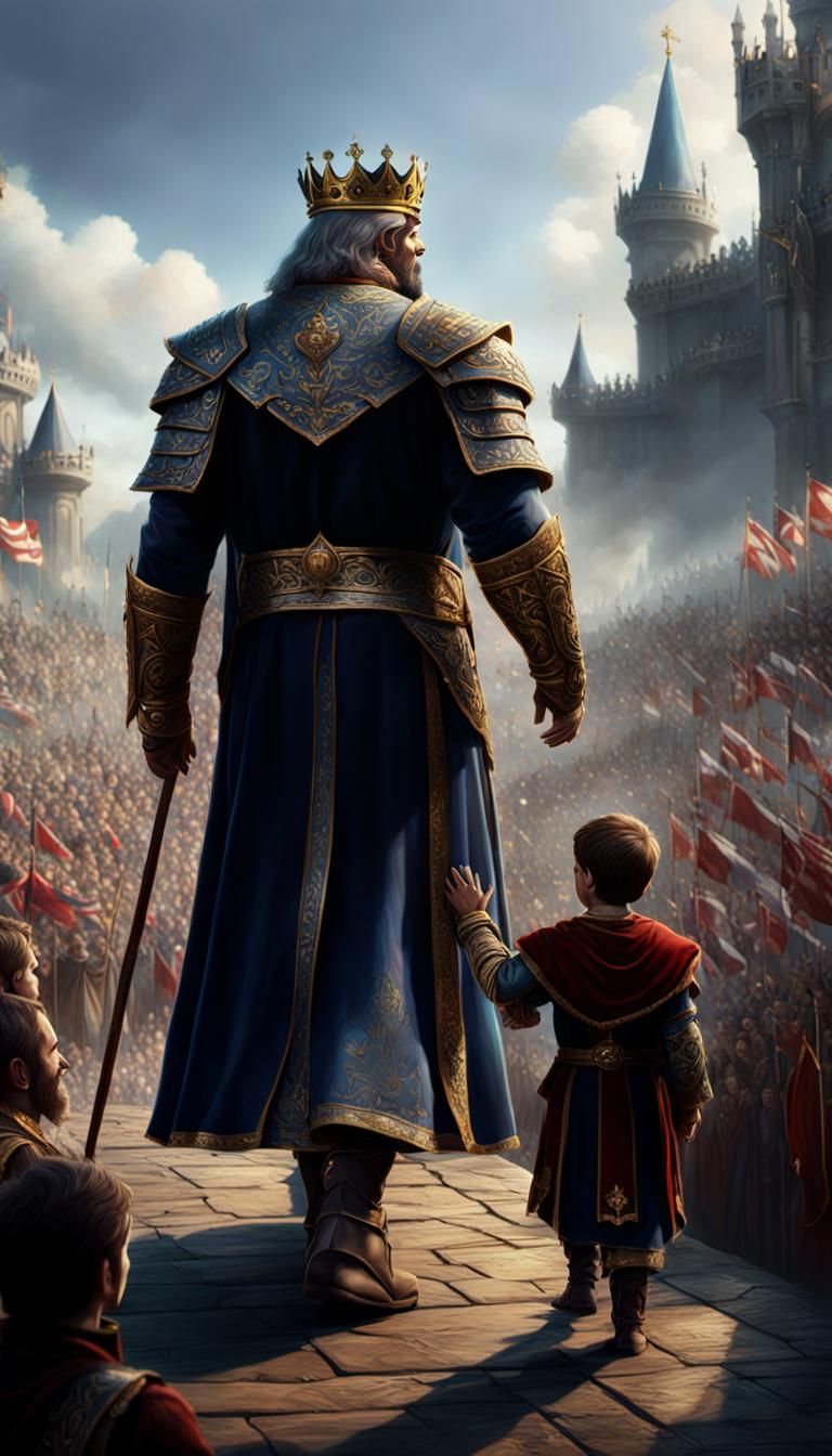 Proud King and Son Before Cheering Crowd