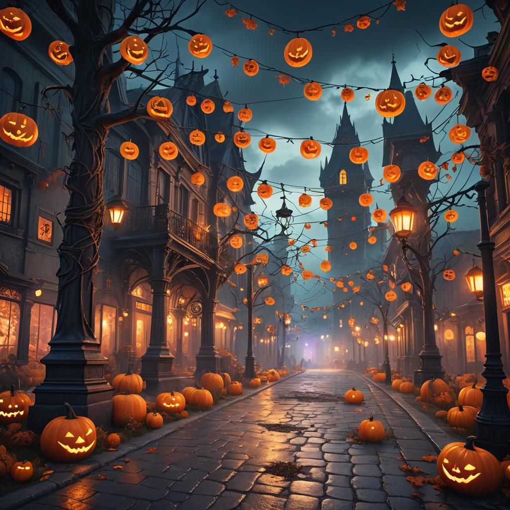 Spooky Halloween Town: Neon Fantasy Landscape