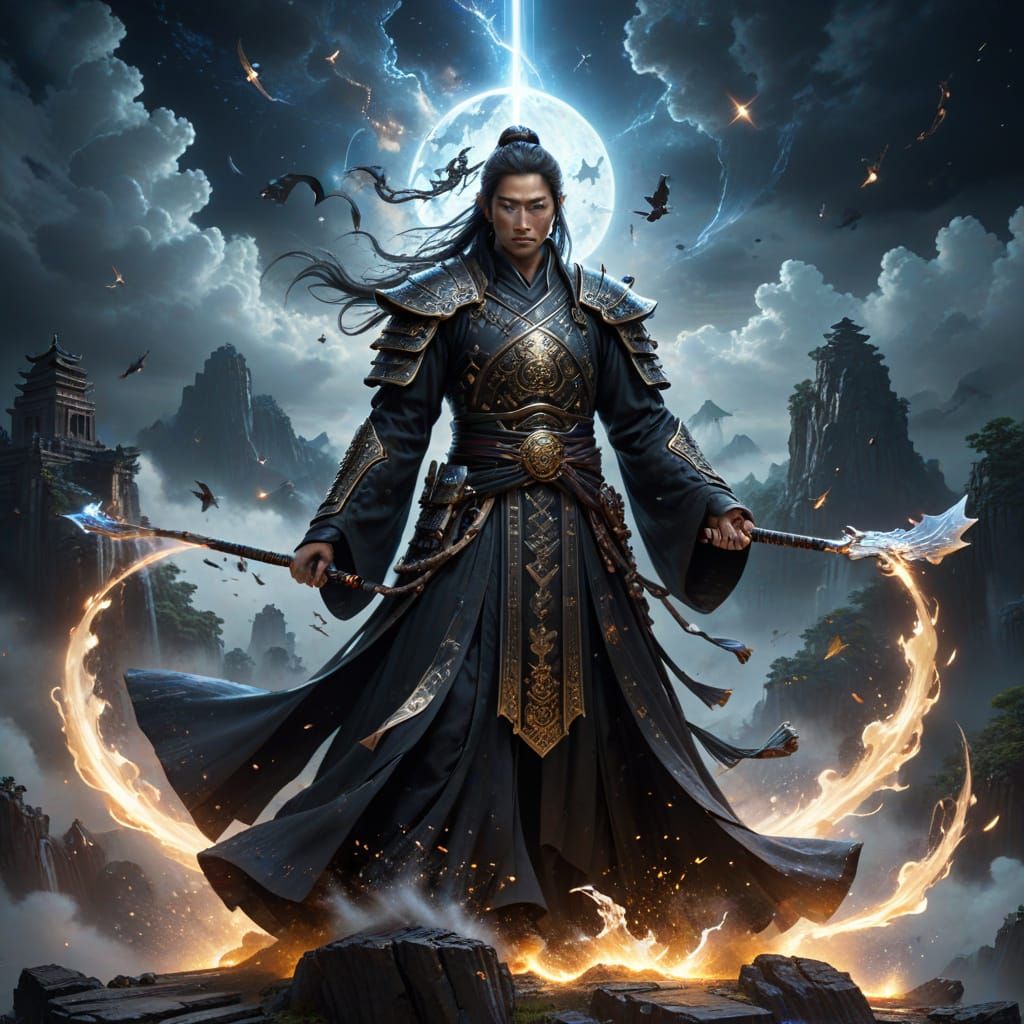 A wuxia immortal in a flowing black robe with star motifs