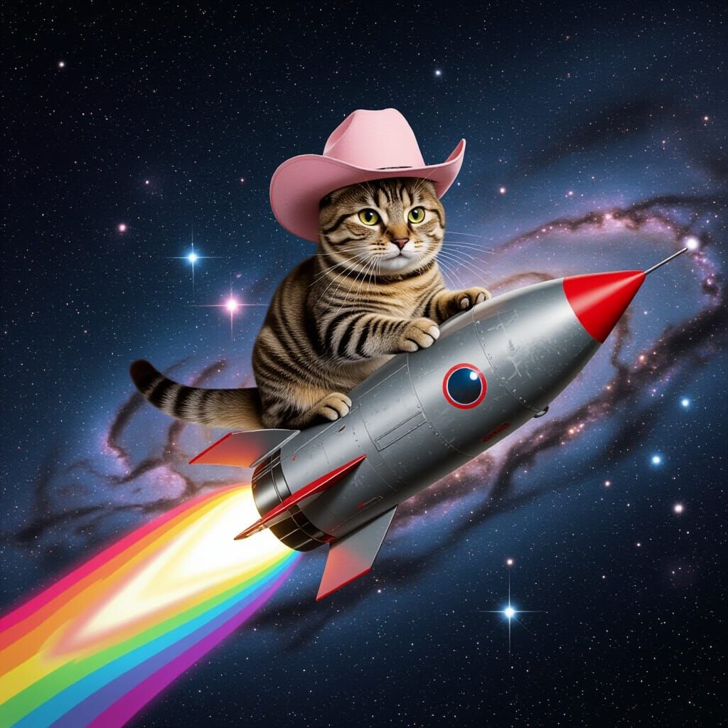 Cat Cowboy Rides Rainbow Rocket Through Galaxy