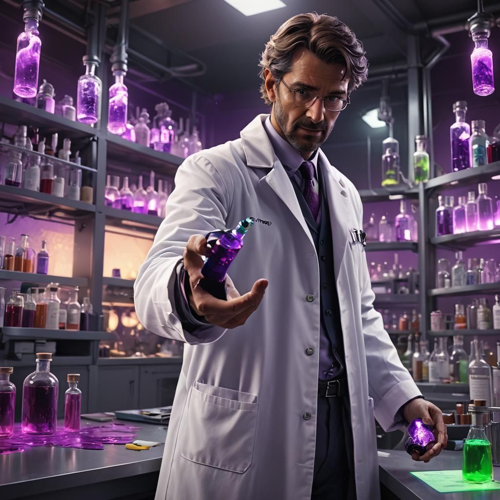 Doctor Holding Purple Liquid Vial in Art Nouveau Style