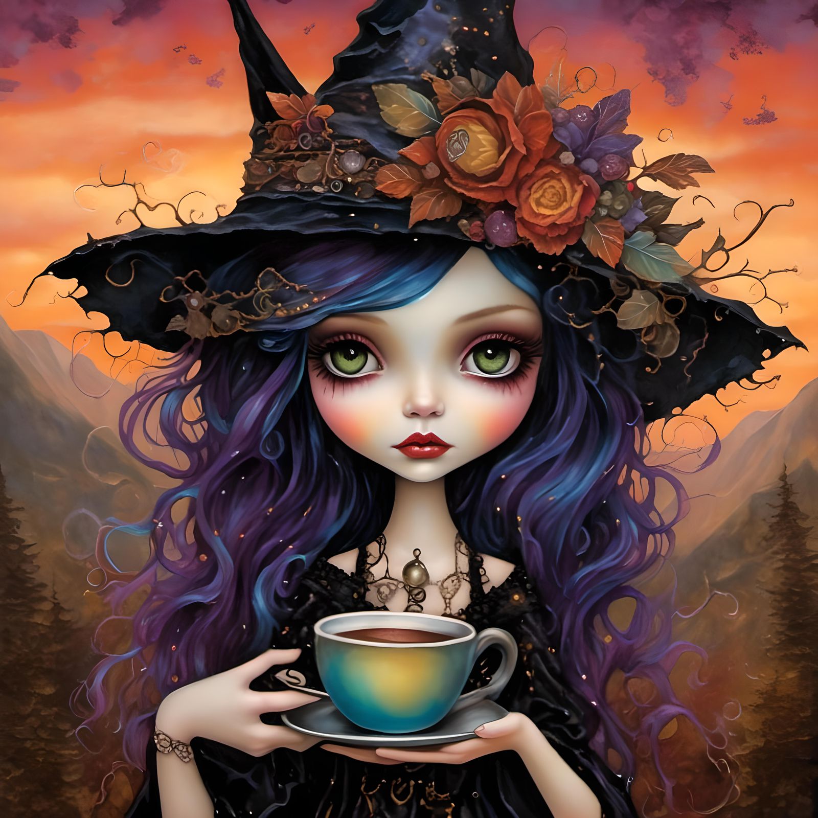 Gothic Witch Coffee at Sunset: Pearlescent Fantasy Art