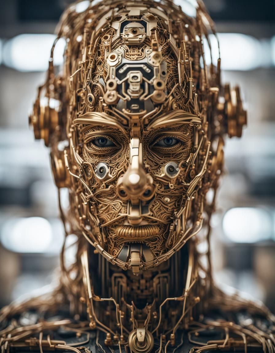 Intricate Cyborg Portrait with Golden Wires and Wood