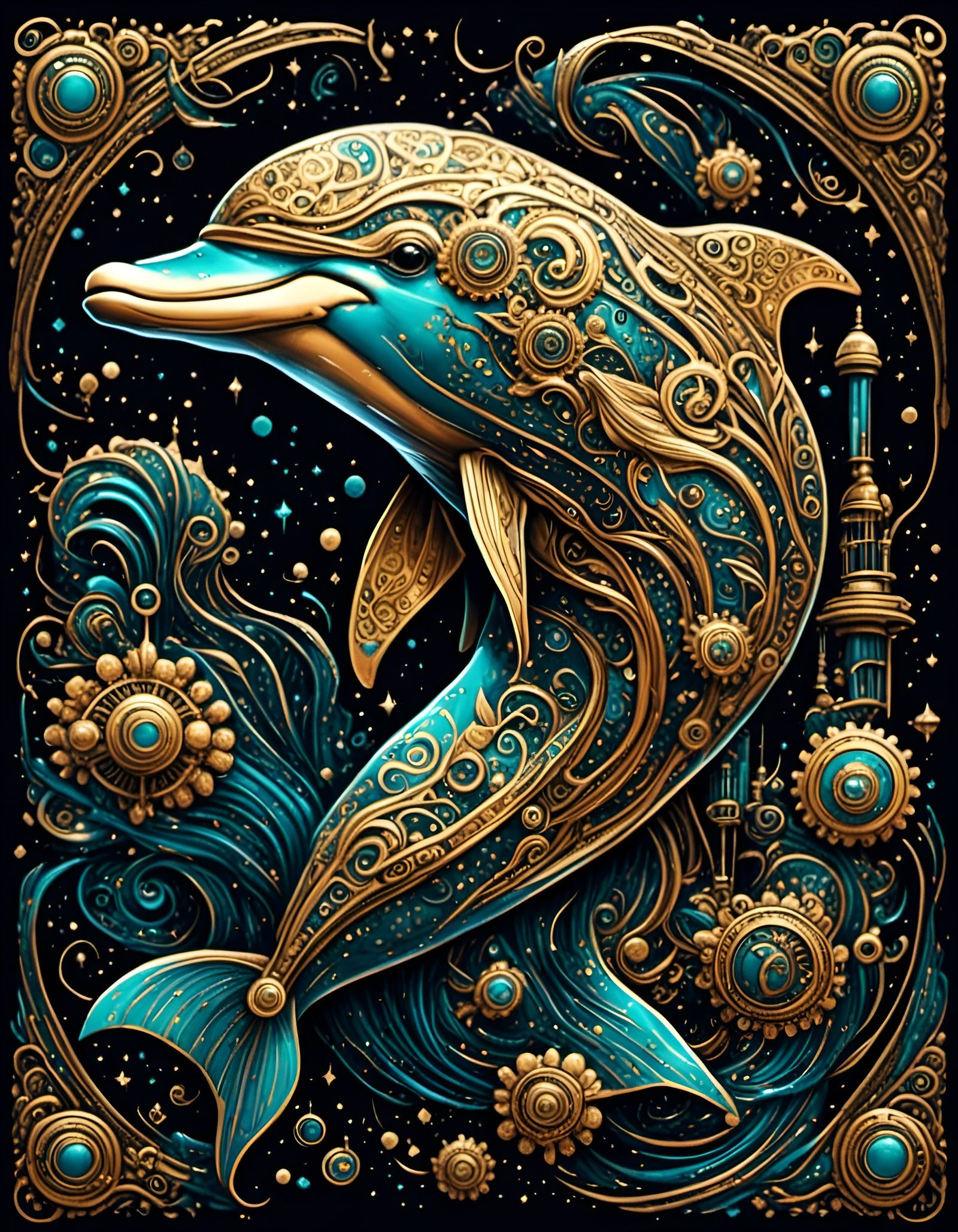Steampunk Dolphin Portrait with Golden Ornament Linework