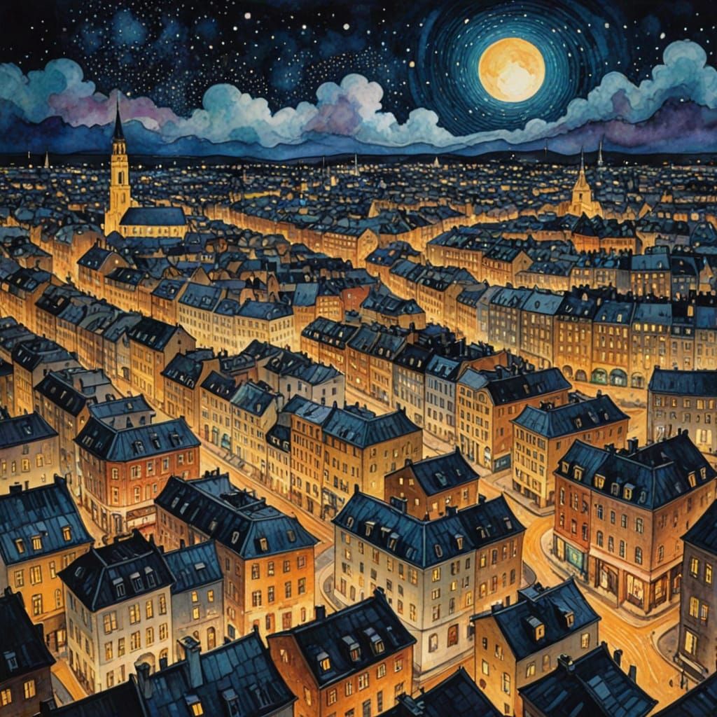 Dreamlike Watercolor Cityscape in Art Nouveau Style