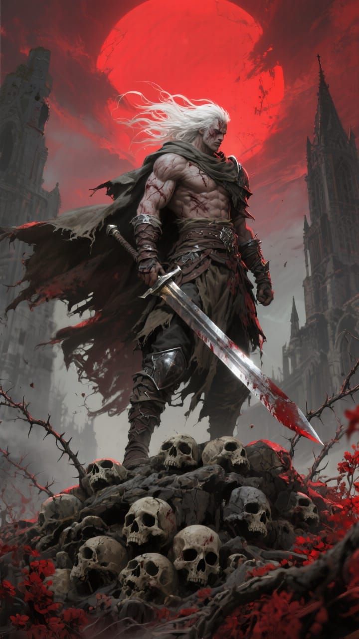 Warrior on Skull Mound with Red Sun