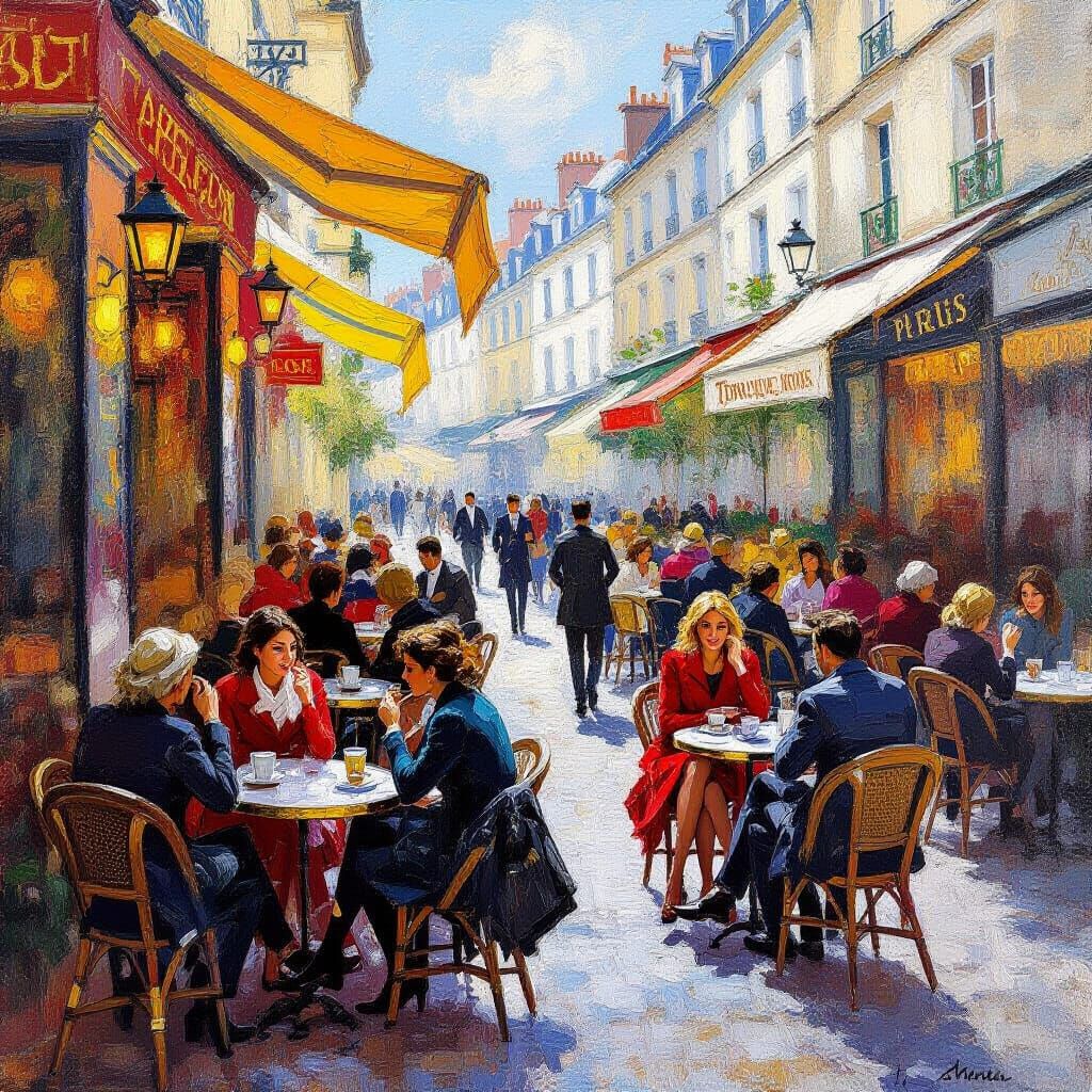 Parisian Cafe Scene in Impressionist Style