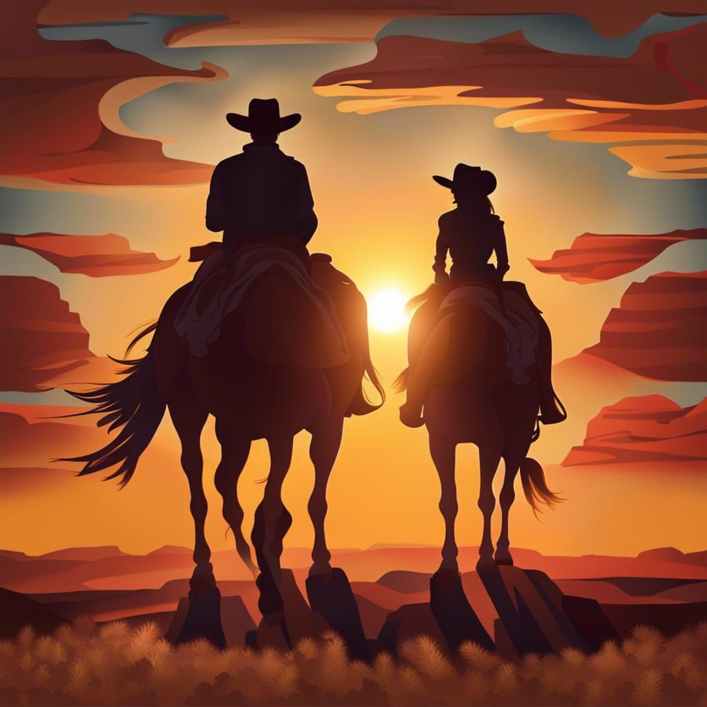 Cowboy and Cowgirl Sunrise Over Desert Landscape