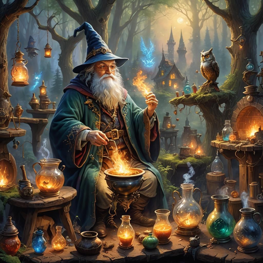Happy Wizard Merlin's Forest Laboratory in Ethereal Style