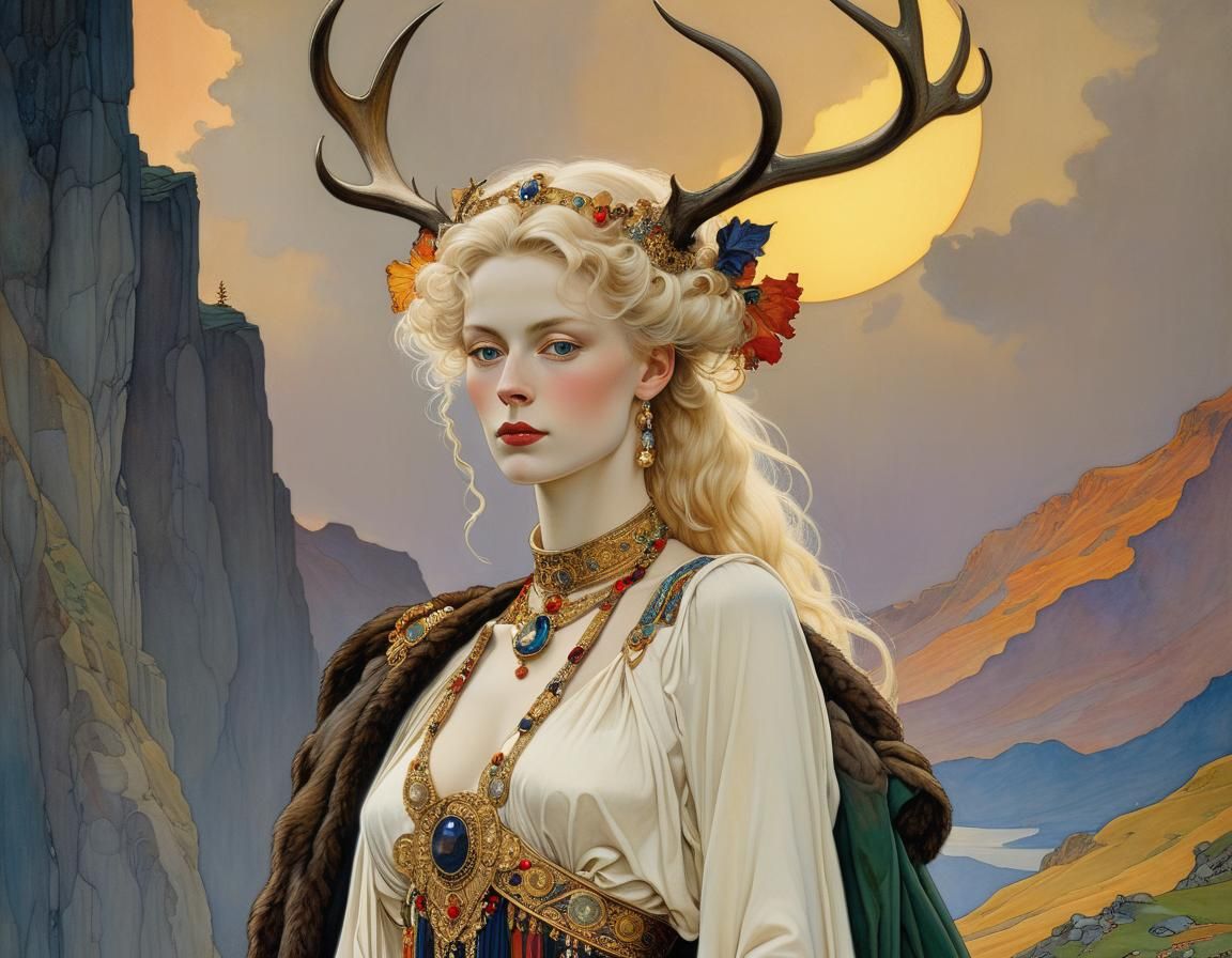 Androgynous Woman with Antlers in Art Nouveau Style