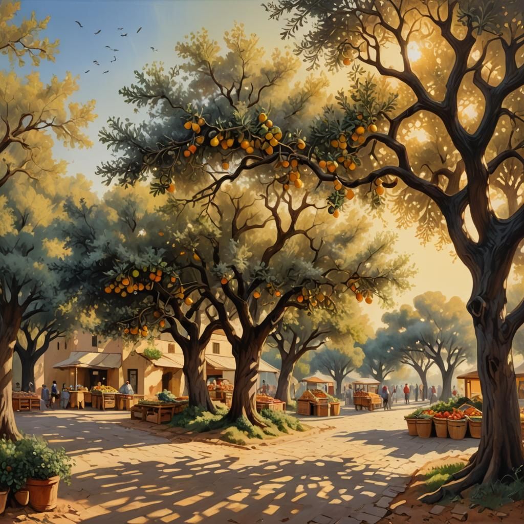 Naive Art Market Scene with Olive Trees