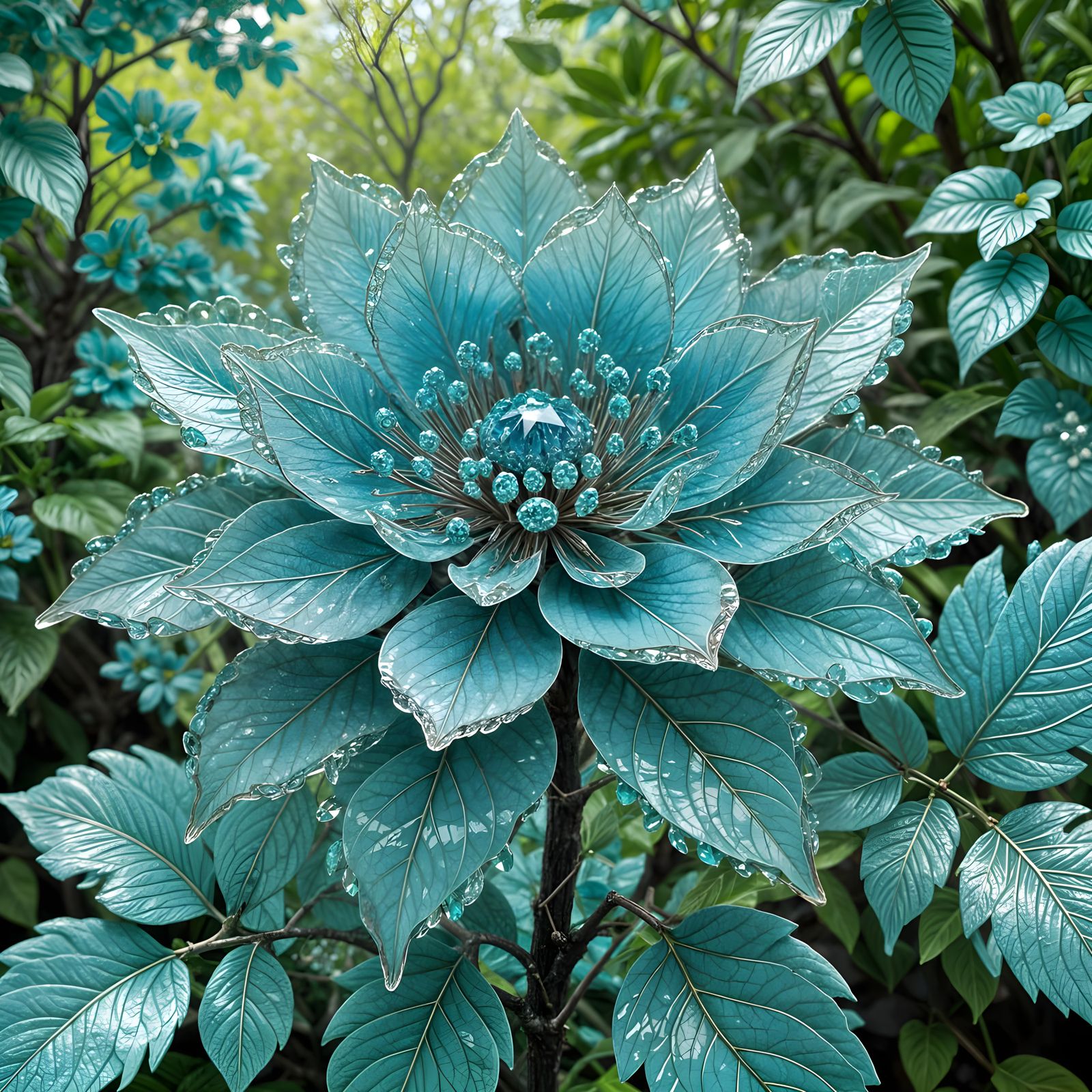Turquoise Crystal Flower, Hyperdetailed Digital Art