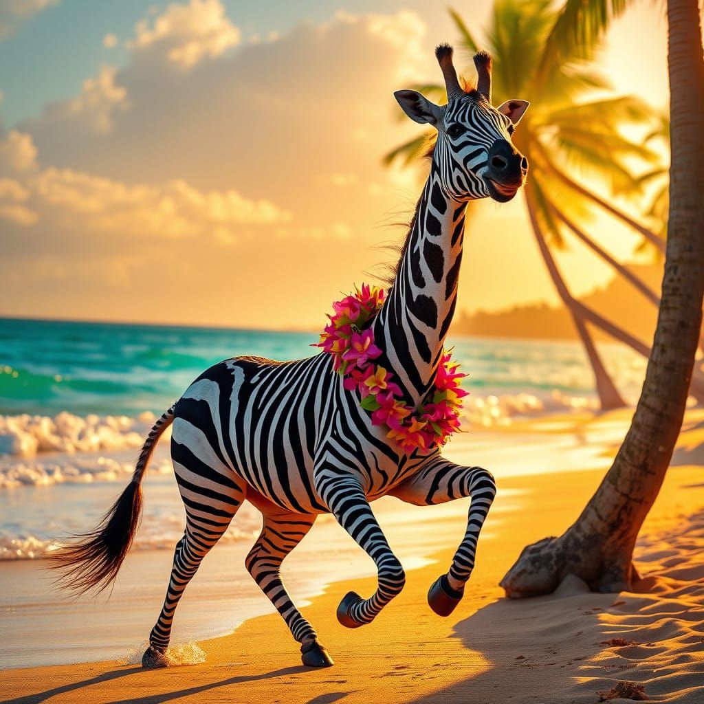 Vibrant Zebra Dances with Giraffe on Oahu Beach in Tropical....