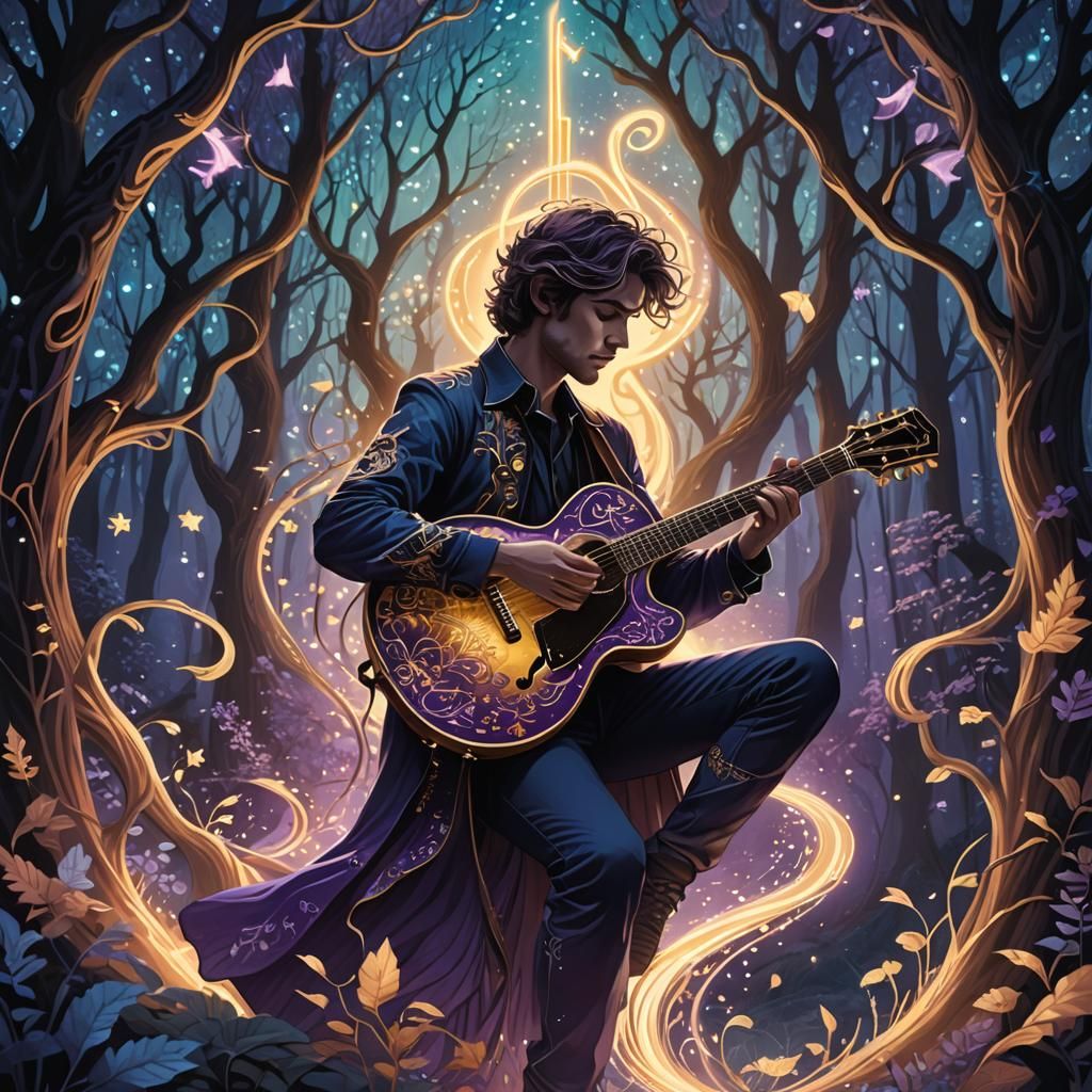 Magical Guitarist in Mystical Forest, Art Nouveau