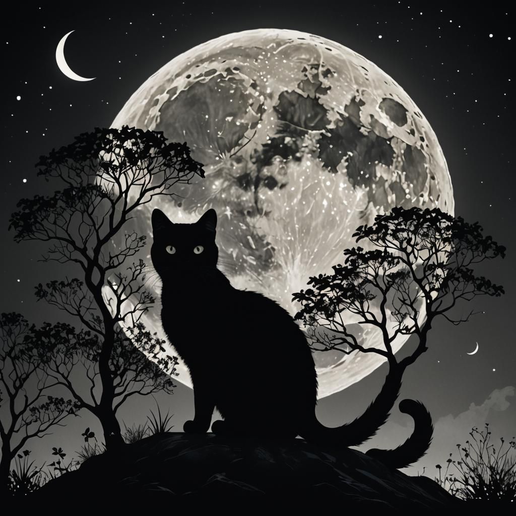 Monochromatic Cat Silhouette Double Exposure Digital Art