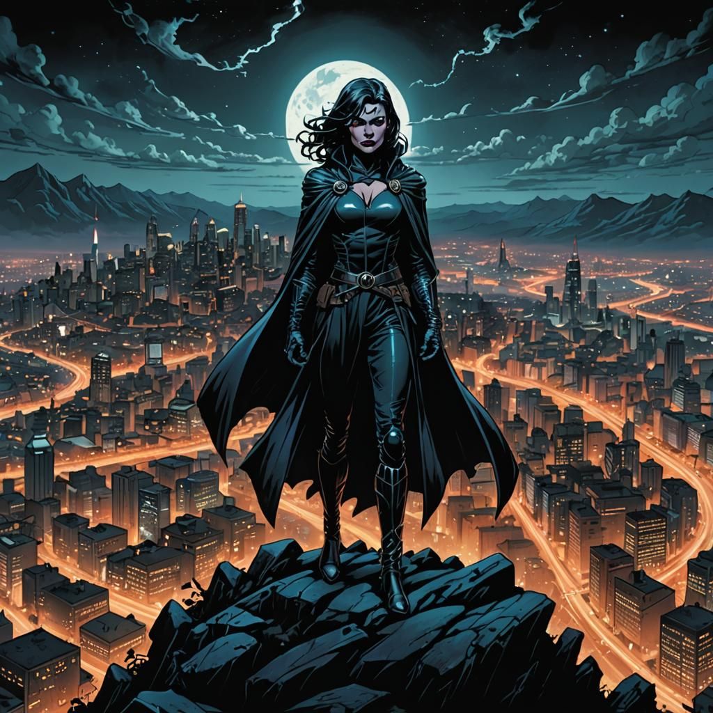 Evil Villainess Overlooks City at Night in Comic Art