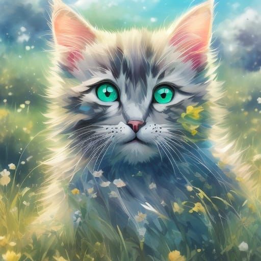Fluffy Gray Kitten in Sunny Meadow - Whimsical Illustration