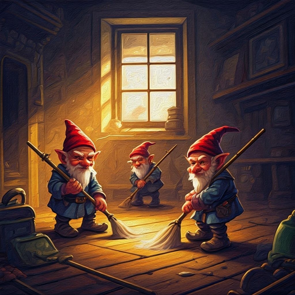 Heroic Gnome Wizards Clean Cluttered Room in Vibrant Oil Pai...