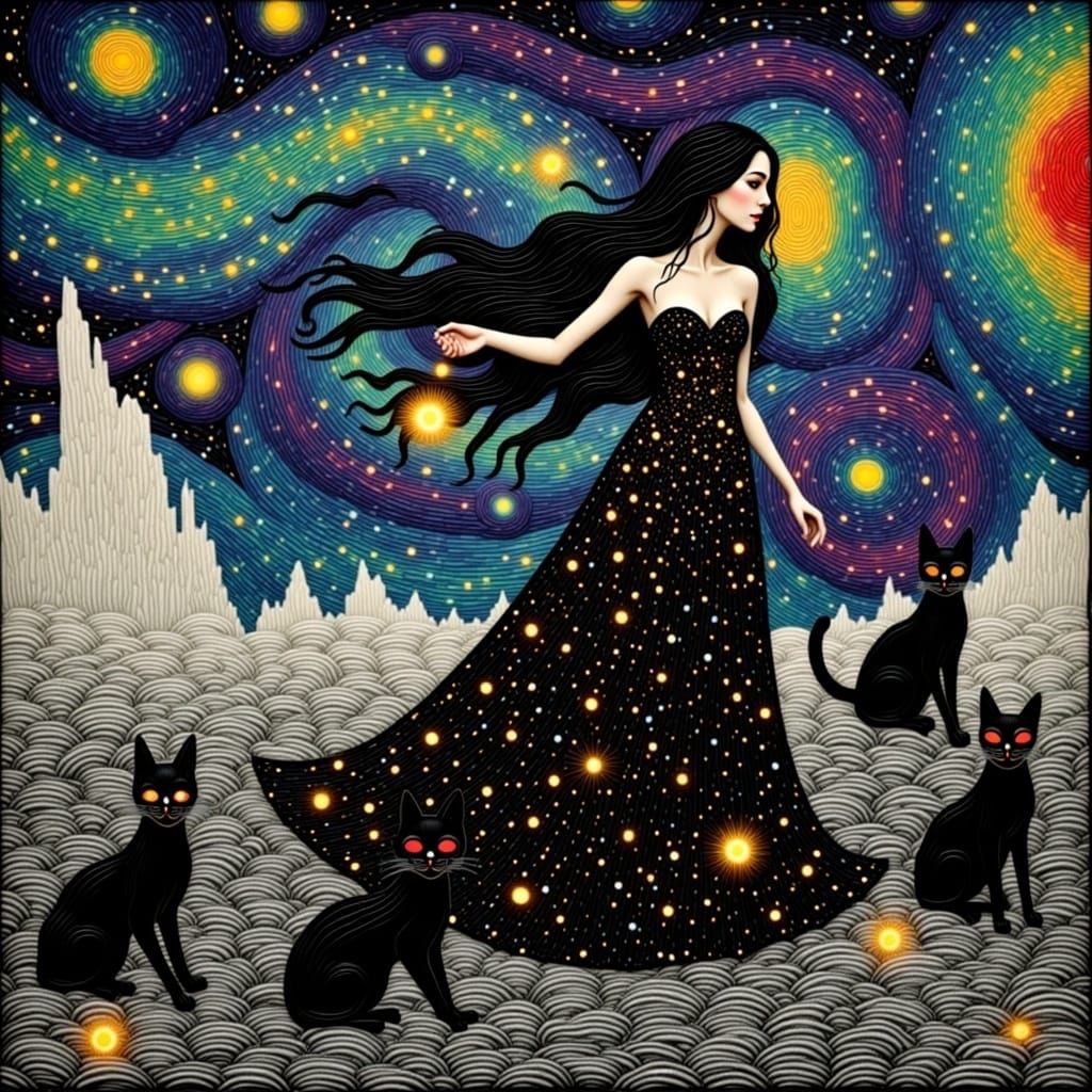 Woman Dancing Under Stars in Woodcut Print Style