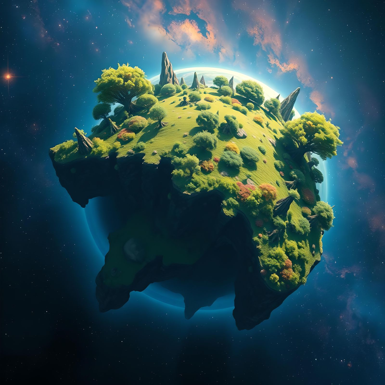 Lonely Irregular Planet with Galactic Background