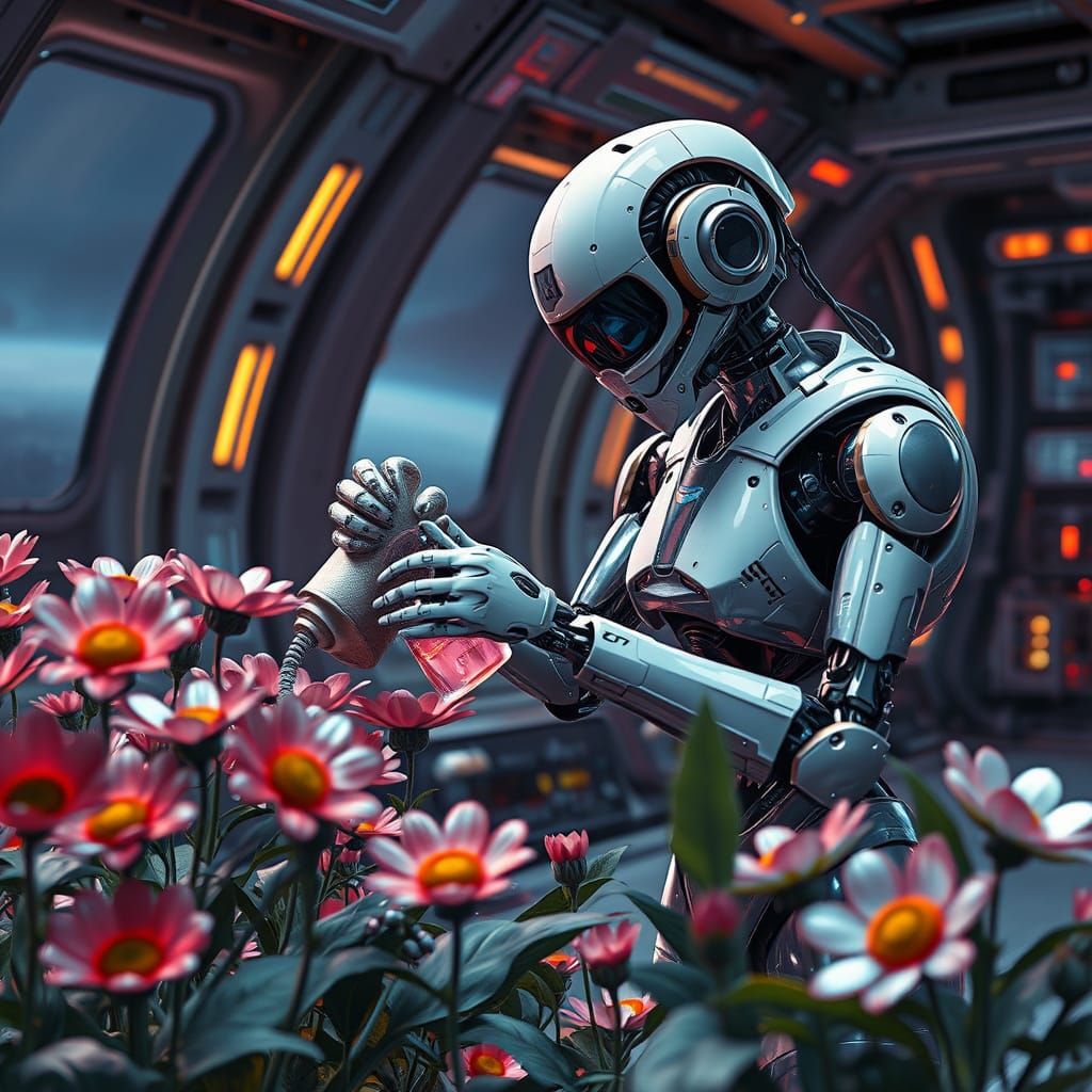 depict a robot mother lovingly tending to her garden of metallic flowers on a futuristic space station. She is carefully...