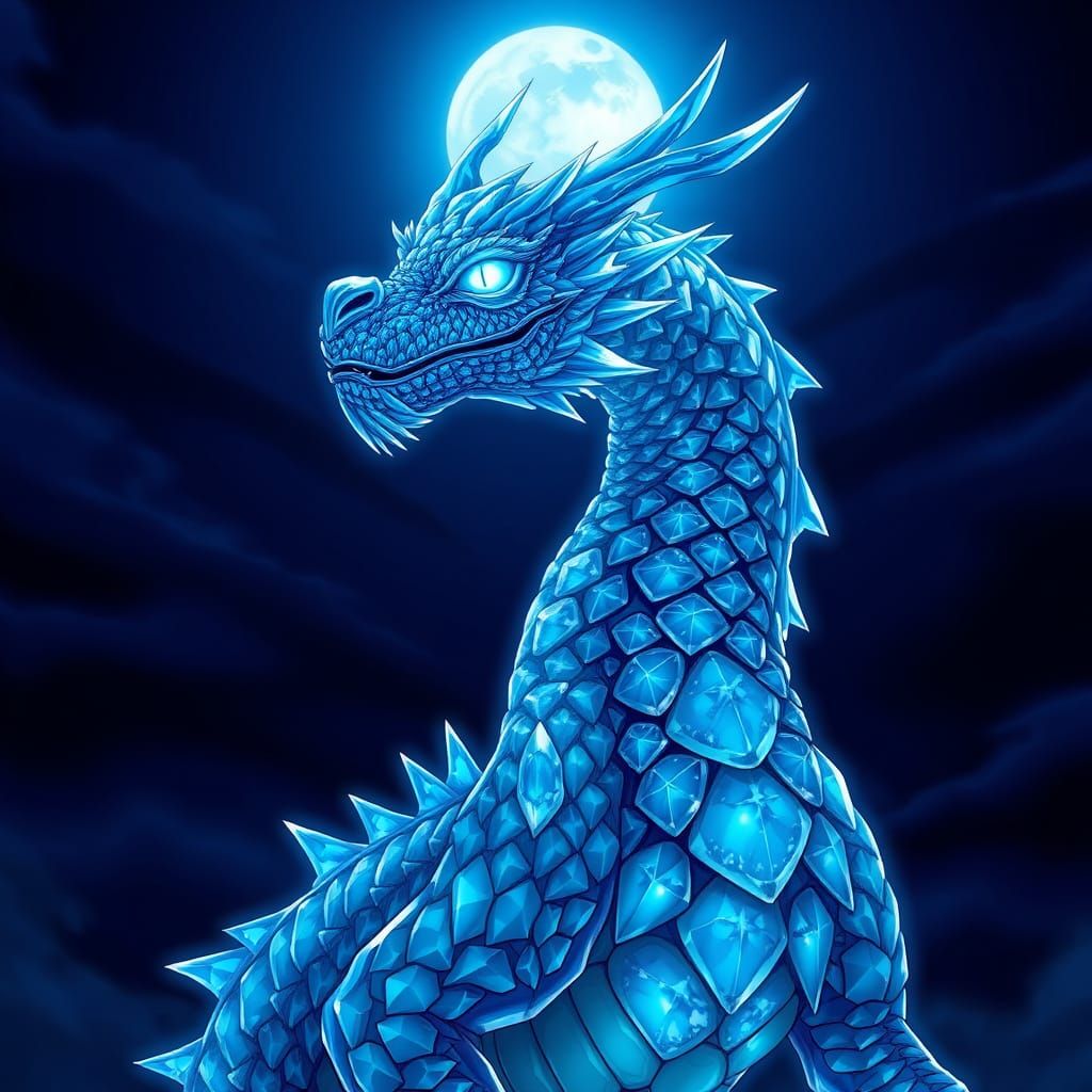 Surreal Blue Topaz Dragon Shines Against Dark Nocturnal Sky