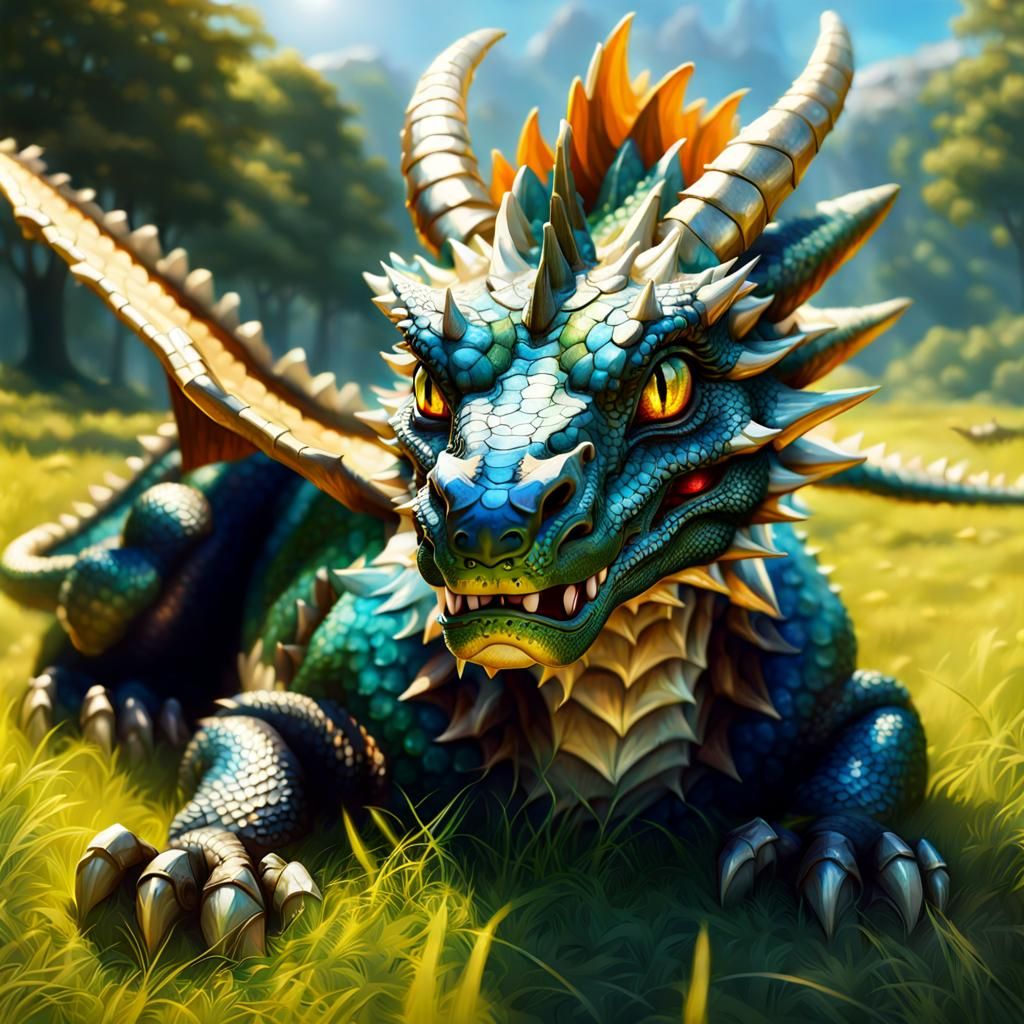 Anime Dragon in Sunny Field, 3D Render